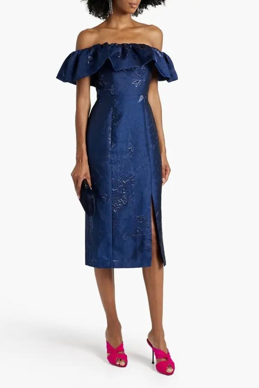 MONIQUE LHUILLIER off-the-shoulder fil coupé cloqué navy midi dress 8
